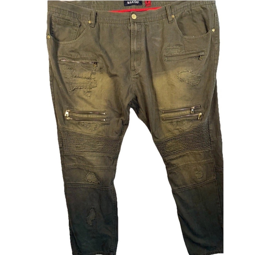 Makobi Mens 52 x 34 Moto Denim Pants Olive Green Distressed Zippers